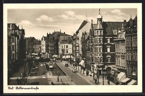 AK Kiel, Strassenbahn in der Holtenauerstrasse mit Geschäften