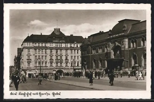 AK Kiel, Strassenleben am Bahnhof mit dem Hansa-Hotel