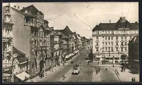 AK Kiel, Strassenpartie mit Hansa-Hotel und Strassenbahn