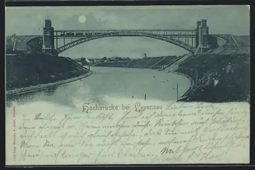 Mondschein-AK Levensau, Hochbrücke über Fluss mit Eisenbahn