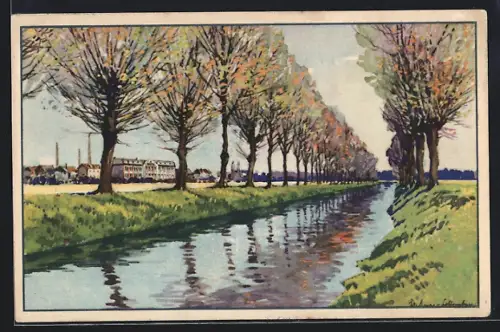 Künstler-AK Oschersleben, Ortsansicht mit Bodefluss