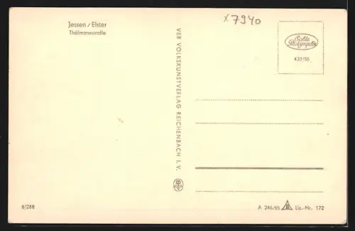 AK Jessen /Elster, Thälmannstrasse mit Bäckerei und Fleischerei Erich Tauscher