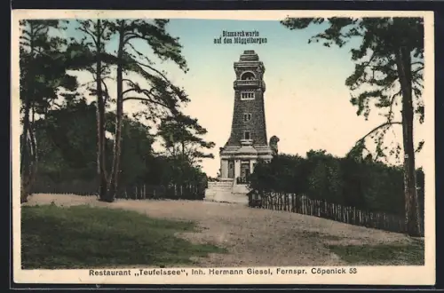 AK Berlin-Köpenick, Restaurant Teufelssee, Bismarckwarte auf den Müggelbergen