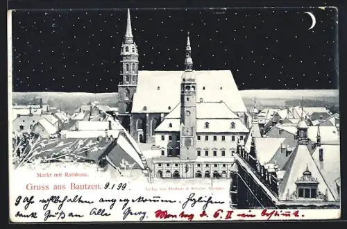 AK Bautzen, Markt mit Rathaus im Winter bei Mondschein