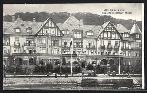 AK Kiel, Blick vom Wasser auf die Seebadeanstalt, Krupp