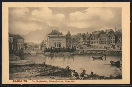 Künstler-AK Alt-Kiel, Bootshafen mit Holstenbrücke und Börse 1950