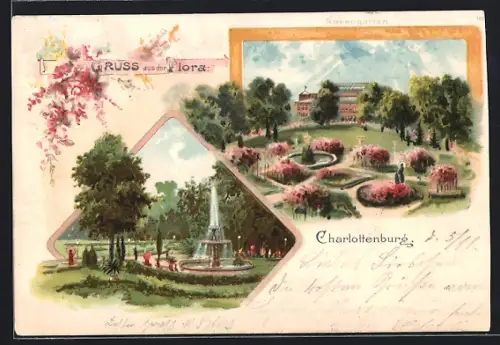 Lithographie Berlin-Charlottenburg, Parkanlagen Flora mit einem Brunnen