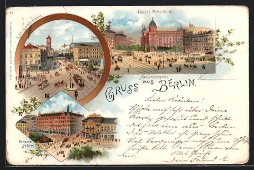 Lithographie Berlin, Alexanderplatz, Polizei-Präsidium, Königsstrasse, Grand Hotel