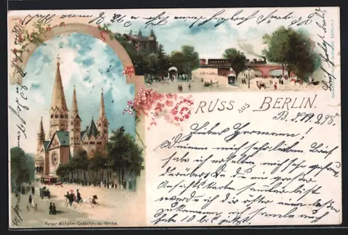 Lithographie Berlin-Charlottenburg, Kaiser-Wilhelm-Gedächtniskirche, Bahnhof