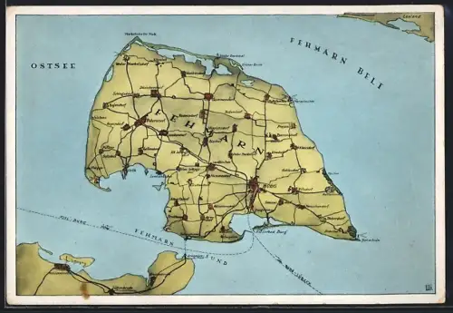 Künstler-AK Burg /Fehmarn, Landkarte mit Petersdorf, Klausdorf und Wenkendorf