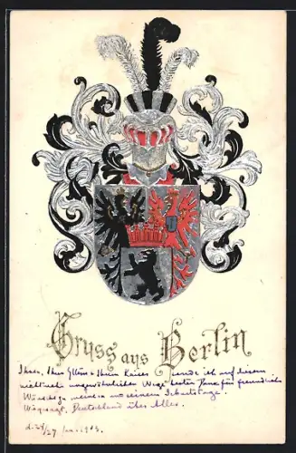 Lithographie Berlin, Stadtwappen mit Helm