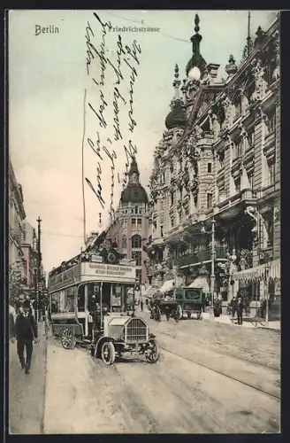 AK Berlin, Friedrichstrasse mit Autobus der Allgemeinen Berliner Omnibus-Actien-Gesellschaft