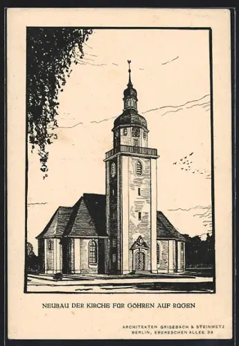 Künstler-AK Göhren auf Rügen, Neubau der Kirche