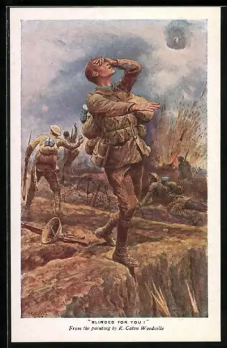 Künstler-AK britischer Soldat erblindet durch eine einschlagende Bombe auf dem Kriegsfeld