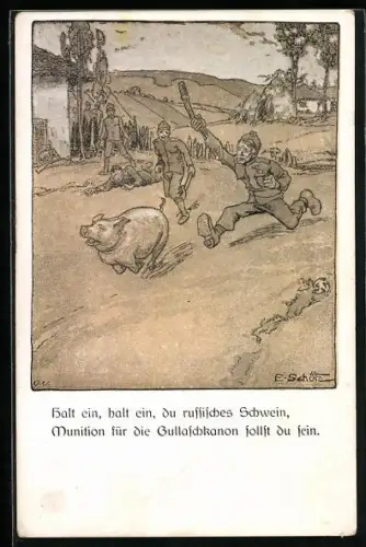 AK Österreichischer Soldat läuft einem Schwein nach