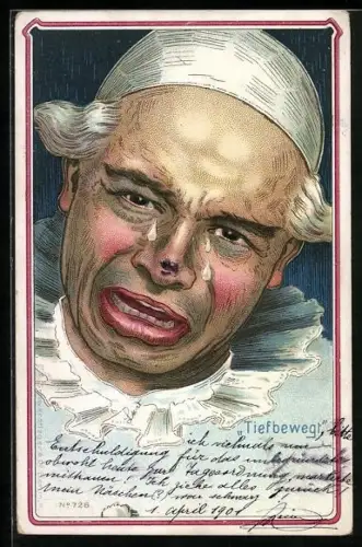 Künstler-AK Weinendes Pierrot-Gesicht, Tiefbewegt