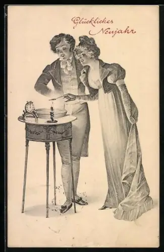 AK Glückwümsche zum Neujahr, Junges Paar beim Bleigiessen