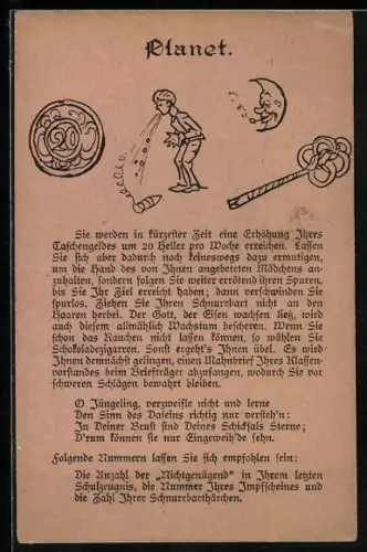 AK Hellseher Karte, Planet, Mond, Münze, Stab und brechender Junge, dazu detaillierte Vorraussagung