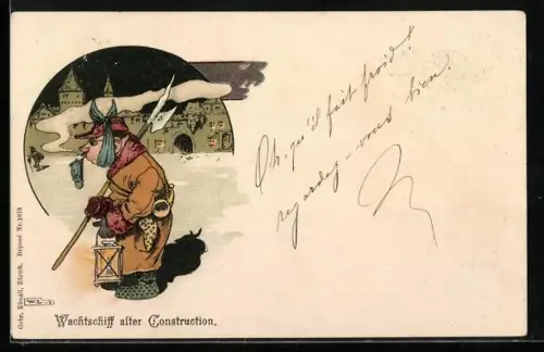 Lithographie Nachtwächter mit Pfeife im Winter, verschlafen und dick angezogen