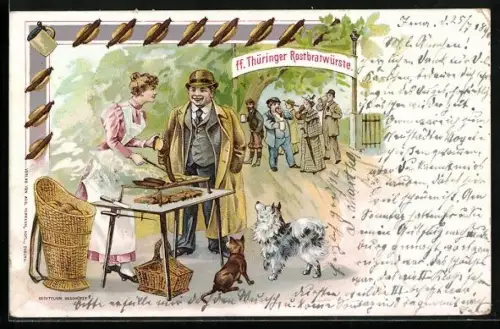 Lithographie Mann bestellt Thüringer Rostbratwurst bei Frau am Grill