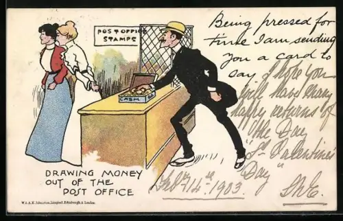 AK Mann bei der Post greift in die Kasse, Drawing Money out of the Post Office