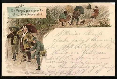 AK Ausflügler im strömenden Regen