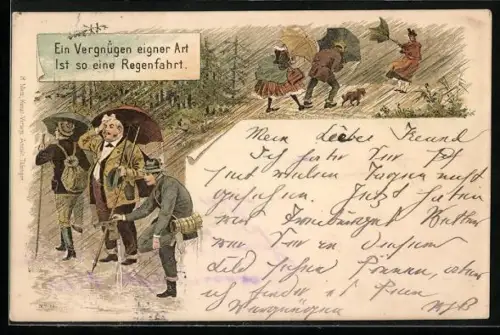 Lithographie Szenen einer Regenfahrt, Ausflügler mit Regenschirmen und gegen den Wind kämpfend