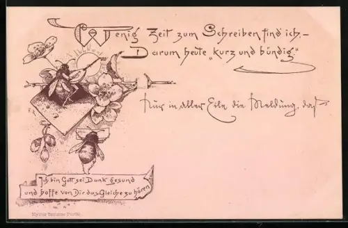 AK Bienen mit Lautengitarre und Brief, Wenig Zeit zum Schreiben find` ich..., vermenschlichte Tiere