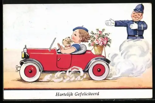 AK Mädchen mit Hund und Blumenkübel düst an weisendem Polizist vorbei, Hartelijk Gefeliciteerd
