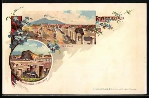 Lithographie Napoli, Foro Civile mit Blick auf den Vulkan Vesuv, Tempio d`Ercole e Teatro Tragico