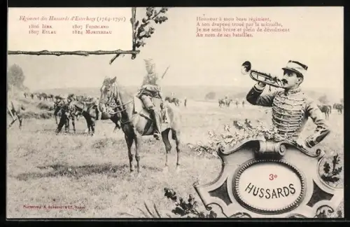 AK 3e Hussards, Kavalleriesoldaten im Feld, zu Pferd und mit Trompete