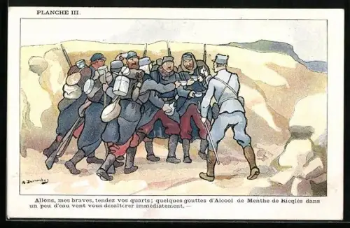 AK Reklame für de l`Alcool d Menthe de Ricqlés, Soldaten im Schützengraben strecken Tassen hin