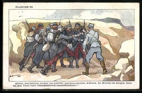 AK Reklame für de l`Alcool d Menthe de Ricqlés, Soldaten im Schützengraben strecken Tassen hin