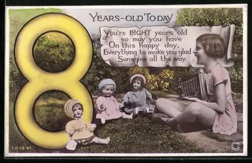 AK Geburtstagskarte, Mädchen mit Fotoapparat und Puppen