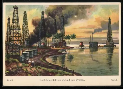 AK Rhenania - Ossa AG, Mineralölwerke AG, Shell, Ein Bohrturm an und auf dem Wasser