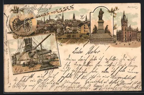 Lithographie Essen, Stadtansicht, Rathaus, Krupp-Denkmal, Kriegsschiff