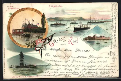 Lithographie Kiel, Kriegshafen, Seebadeanstalt, Leuchtturm