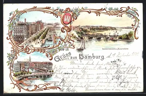 Lithographie Hamburg-Neustadt, Lombardsbrücke, Jungfernstieg