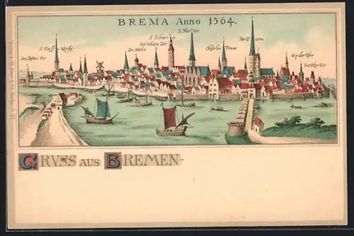 Lithographie Bremen, Stadtansicht Anno 1564, Hafen, Dom