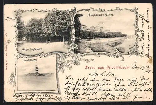 AK Friedrichsort, Frieser Landstrasse, Strandpartie m. Kaserne