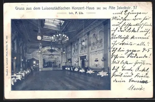 AK Berlin, Luisenstädtisches Konzert-Haus, Alte Jakobstr. 37, Inh. F. Lis, Konzertsaal