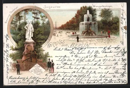 Lithographie Berlin-Tiergarten, Siegesallee, Lessing-Denkmal, Wrangelbrunnen