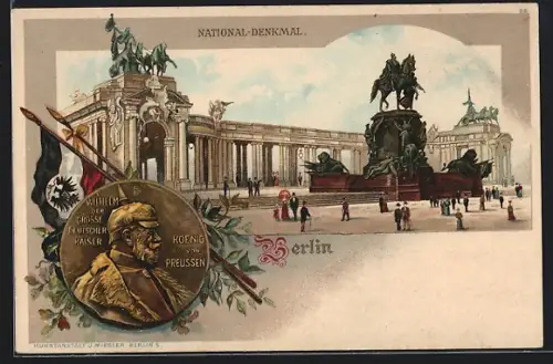 Lithographie Berlin, National-Denkmal, Wilhelm der Grosse