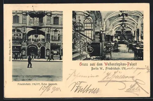 AK Berlin, Gasthof Weihenstephan-Palast, Friedrichstr. 176/177, Innen- u. Aussenansicht