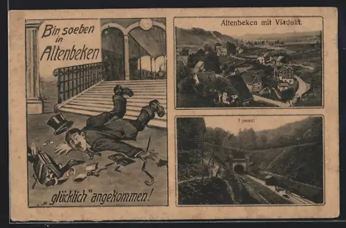 AK Altenbeken, Viadukt, Tunnel, Mann fällt vor dem Bahnhof