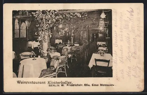 AK Berlin, Weinrestaurant Klosterkeller, Friedrichstrasse 65 a Ecke Mohrenstrasse, Innenansicht