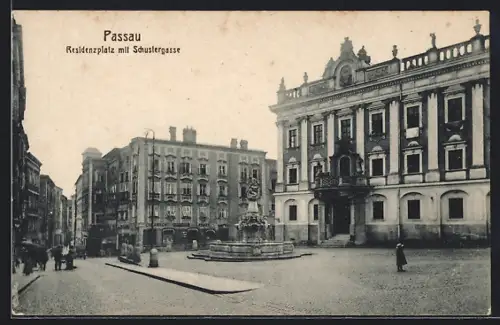 AK Passau, Residenzplatz mit Schustergasse, Springbrunnen, Kind