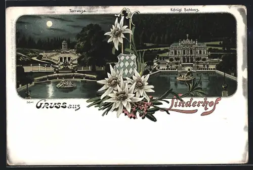 Lithographie Ettal, Schloss Linderhof und Terrasse