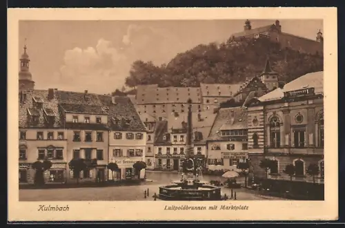 AK Kulmbach, Marktplatz mit Geschäften und Luitpoldbrunnen