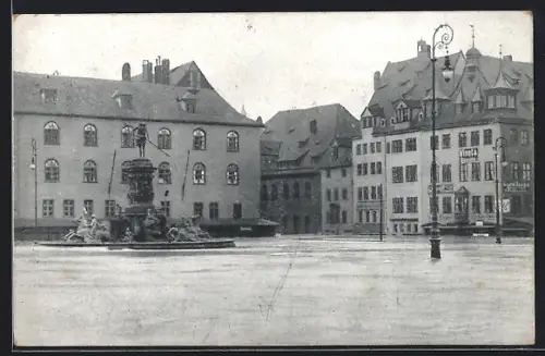 AK Nürnberg, Hochwasser-Katastrophe 5. Feb. 1909, Hauptmarkt mit Brunnen & Geschäften